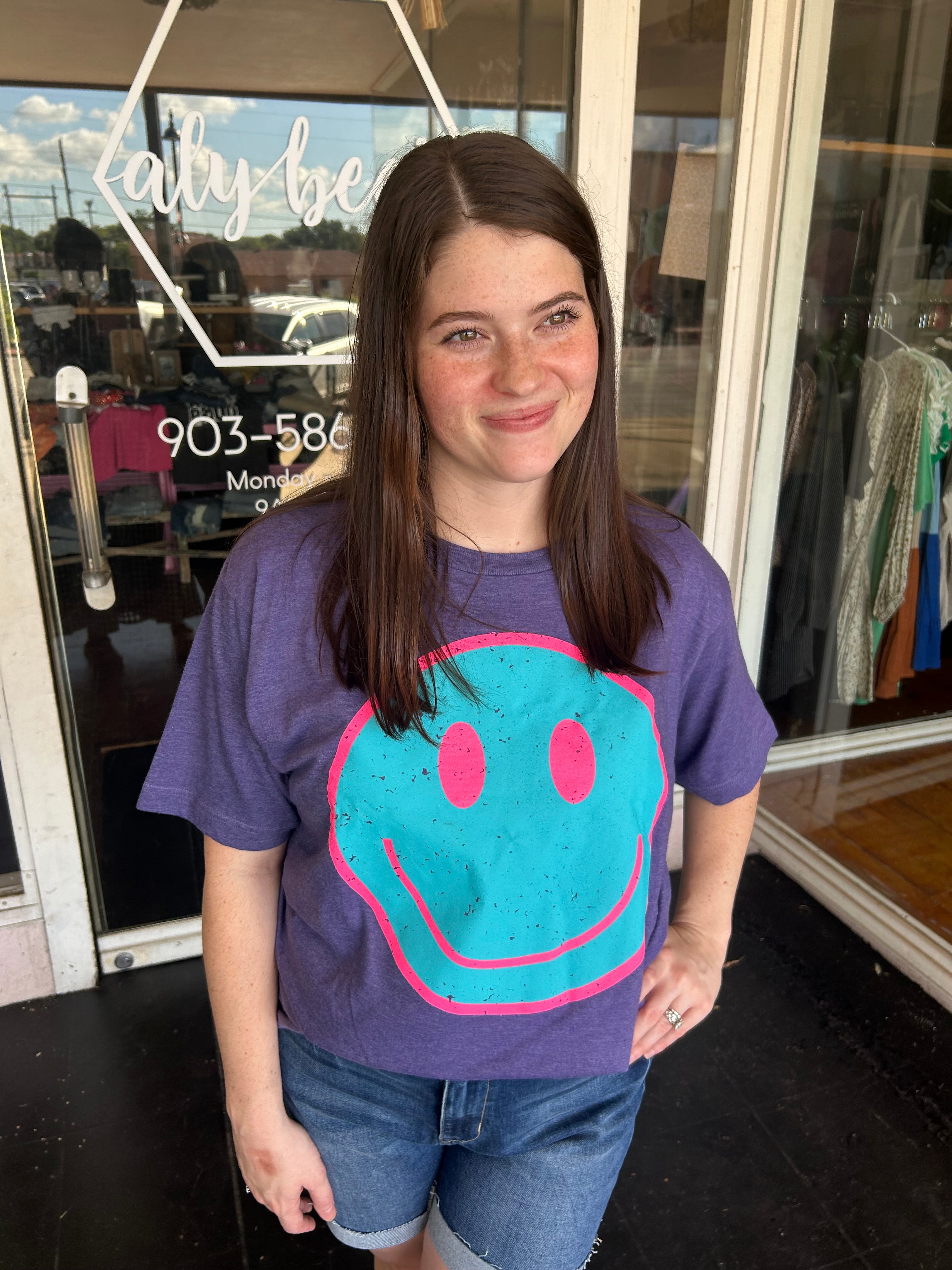 Purple Distressed Smiley Tee