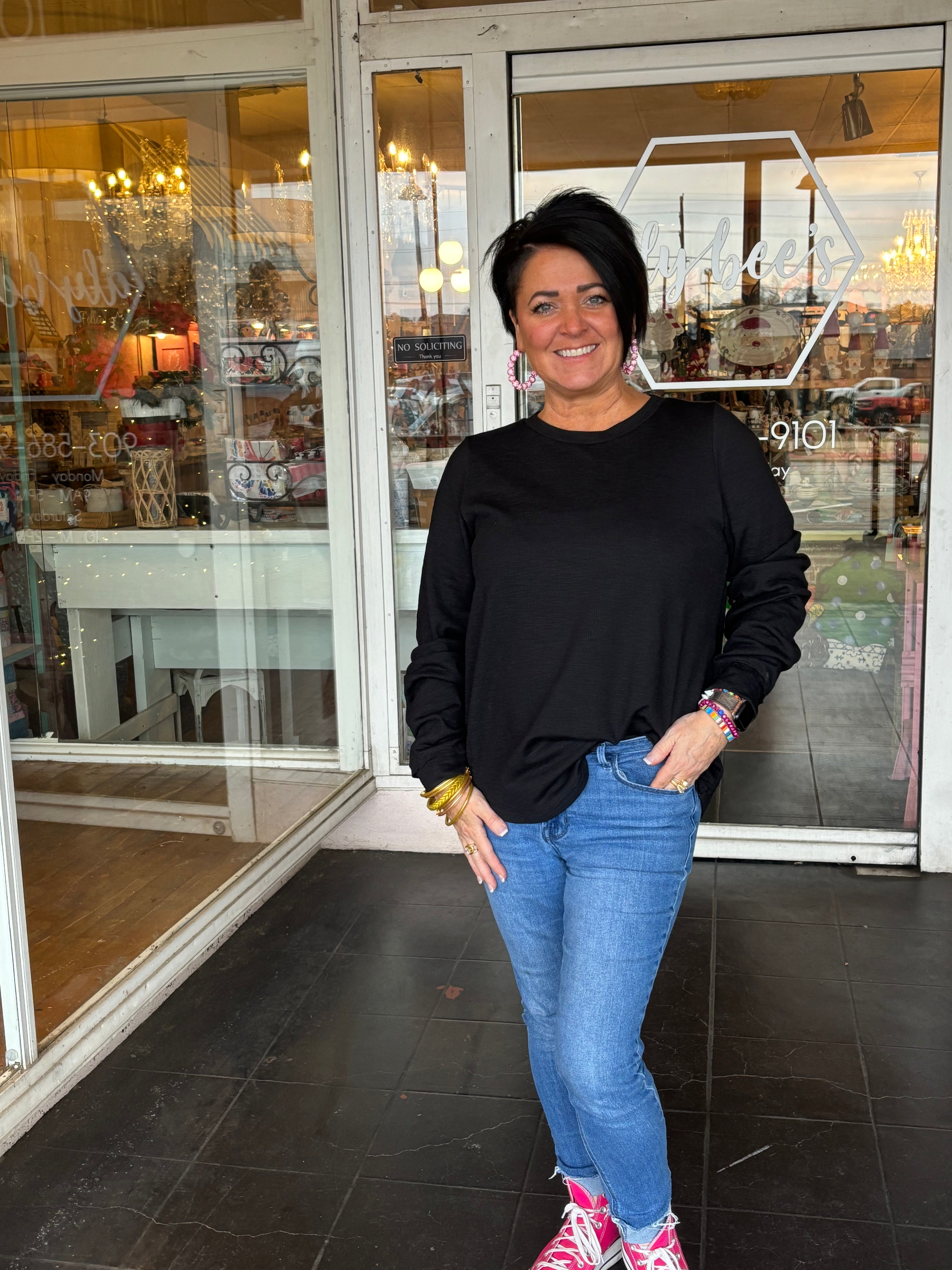 Black Ribbed Long Sleeve Top