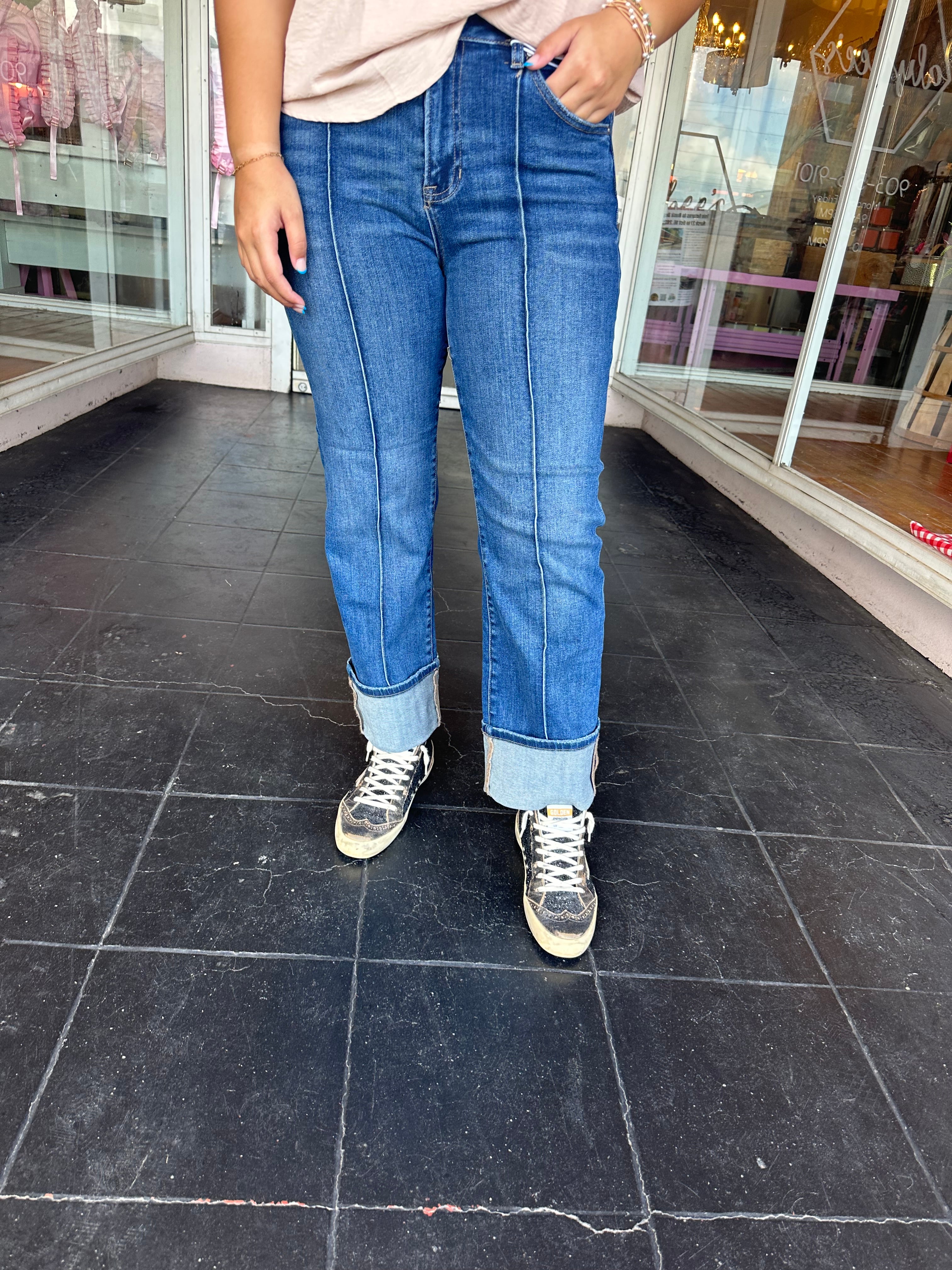 High Rise Ankle Straight Wide Cuffed Jeans