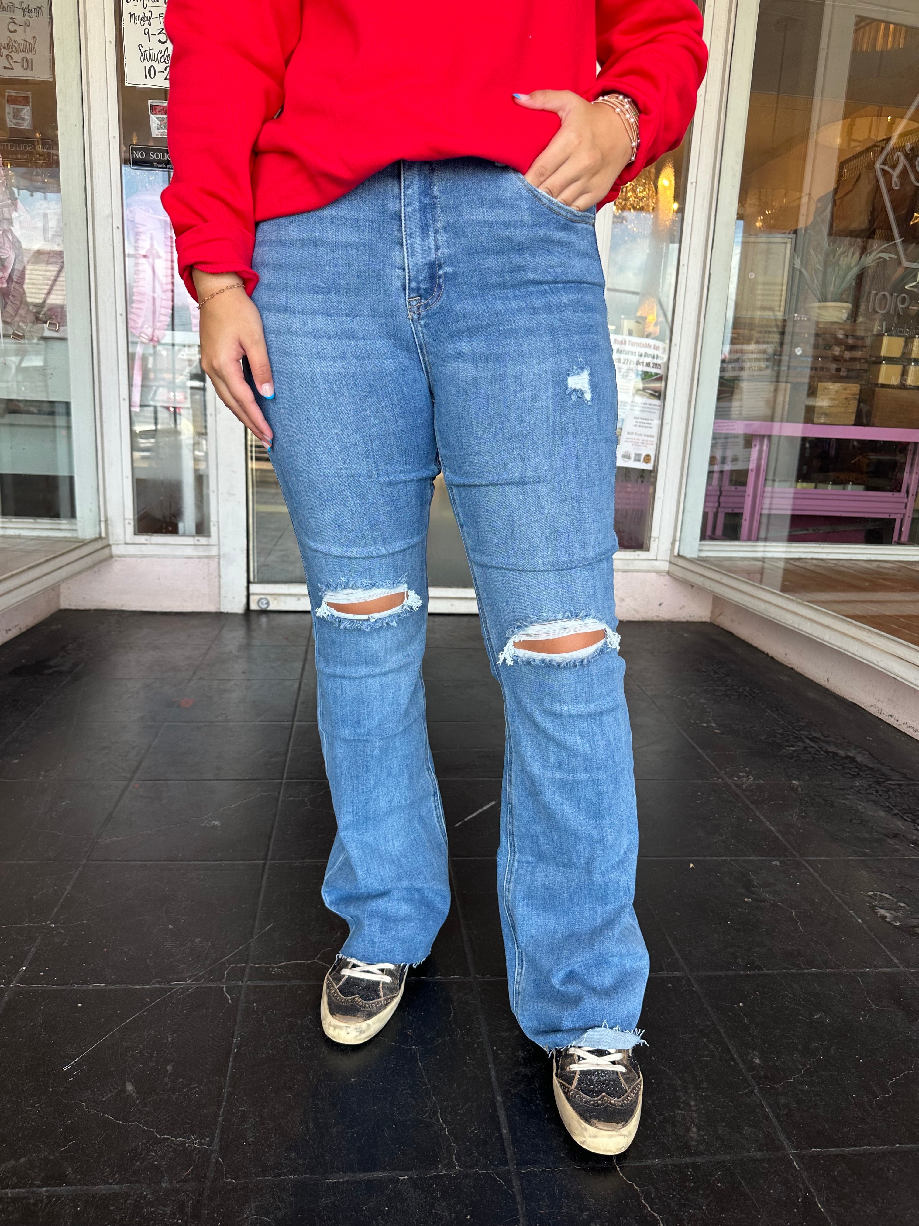 High Rise Ankle Flare Distressed Jeans