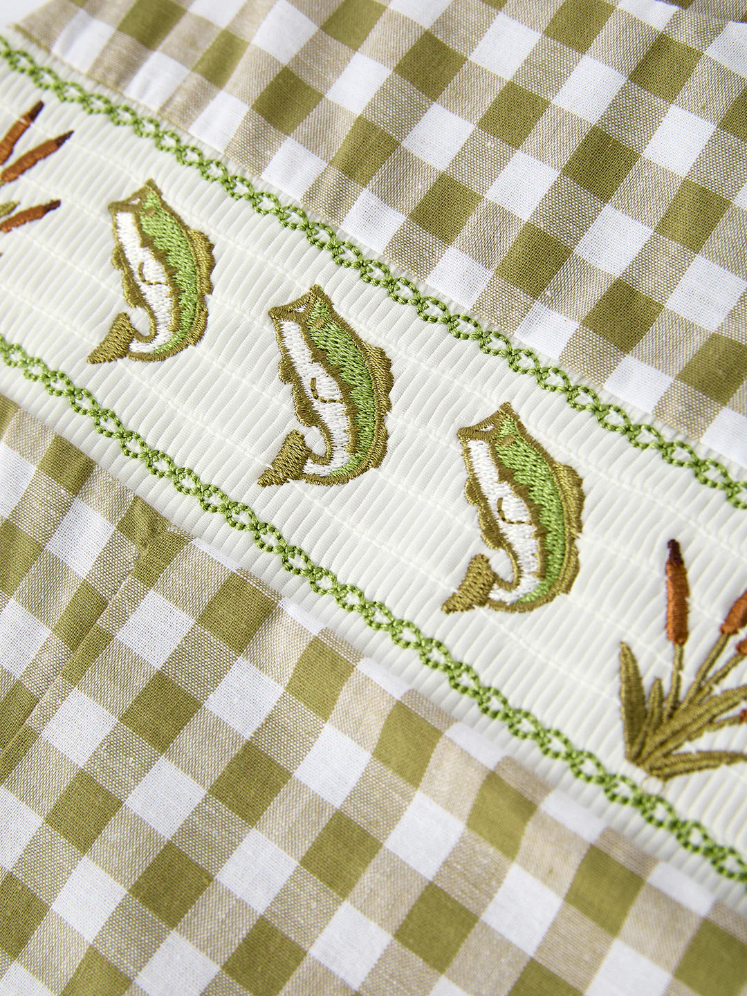 Green Plaid Fish Embroidered Romper