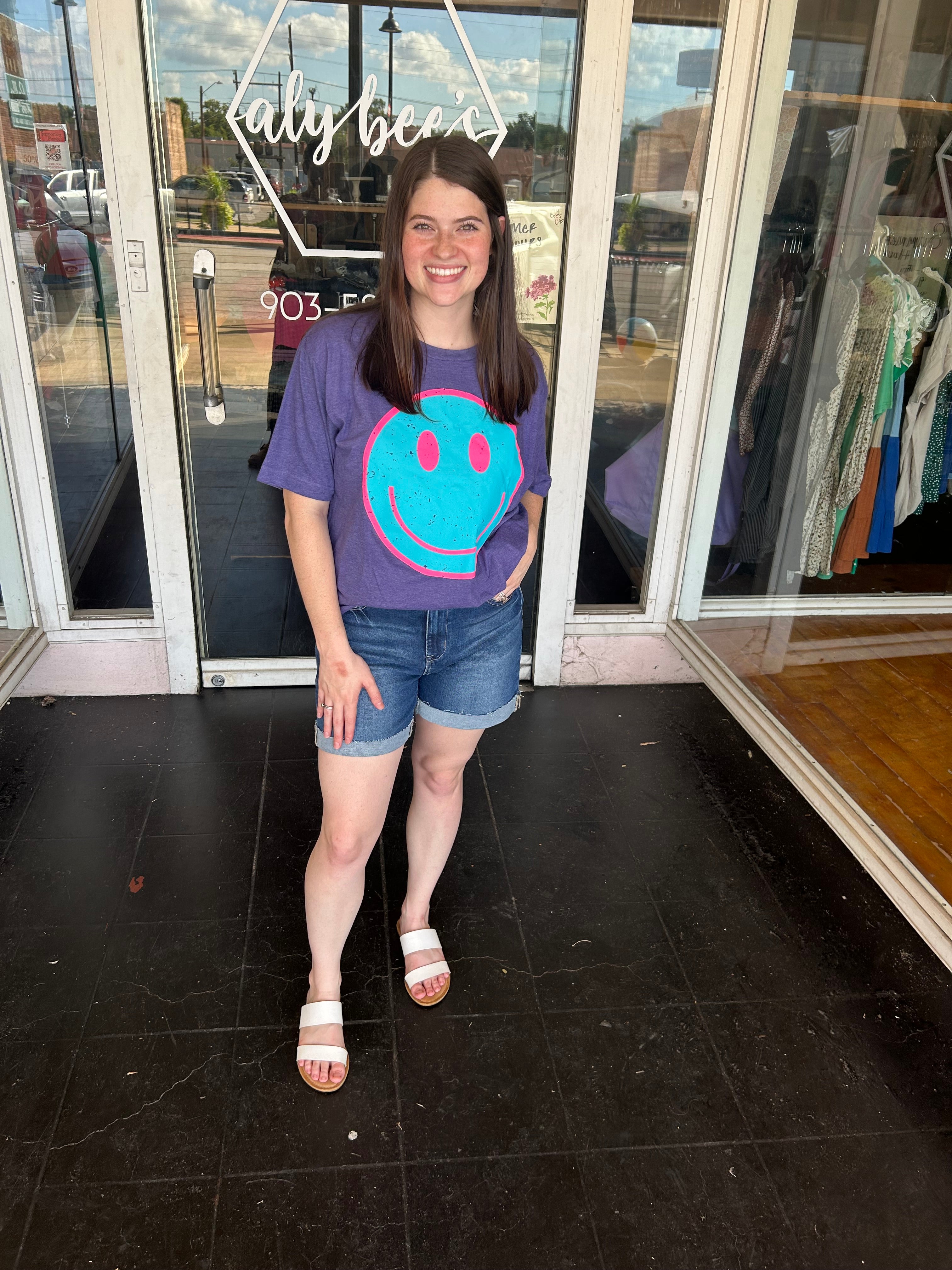 Purple Distressed Smiley Tee