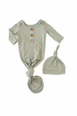 Solid Moss Bamboo Baby Knot Gown & Hat Set
