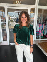 Green velvet puffed sleeves top