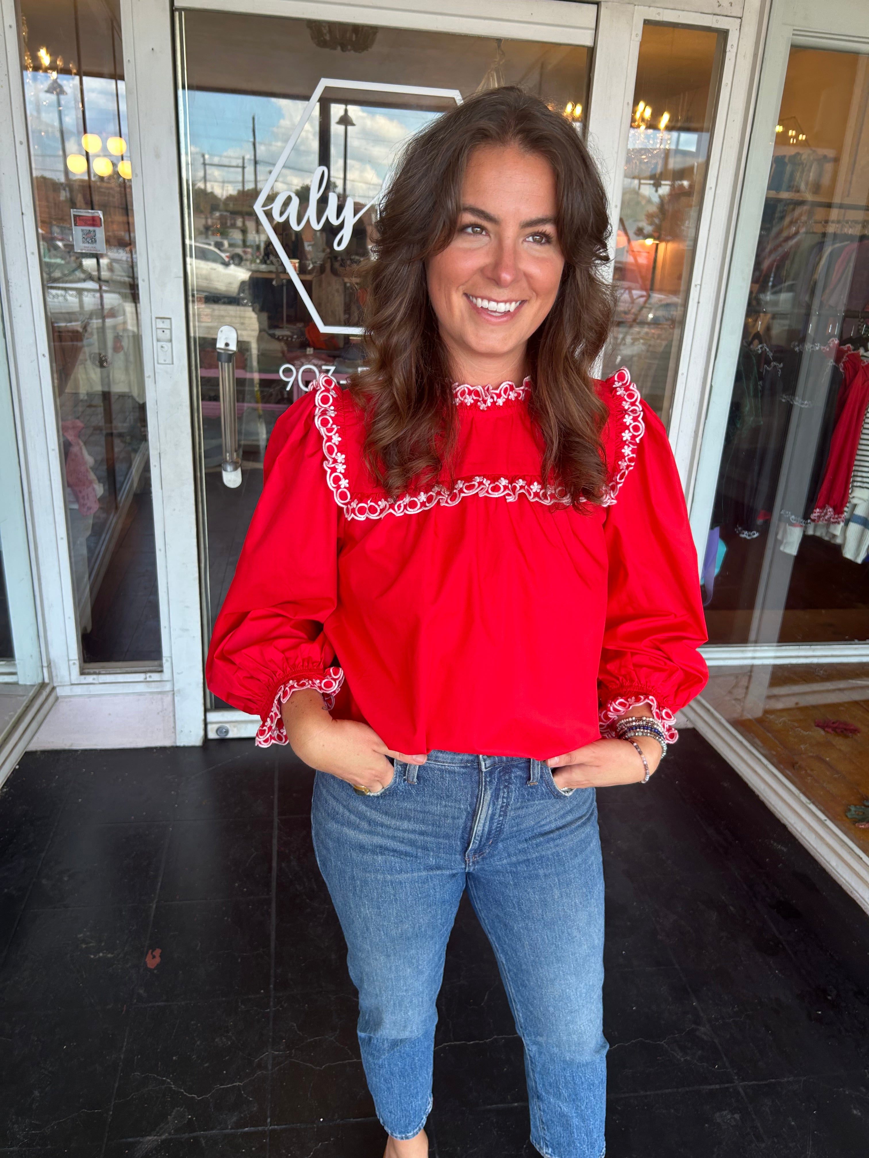 Red Ruffled cuff long sleeve blouse