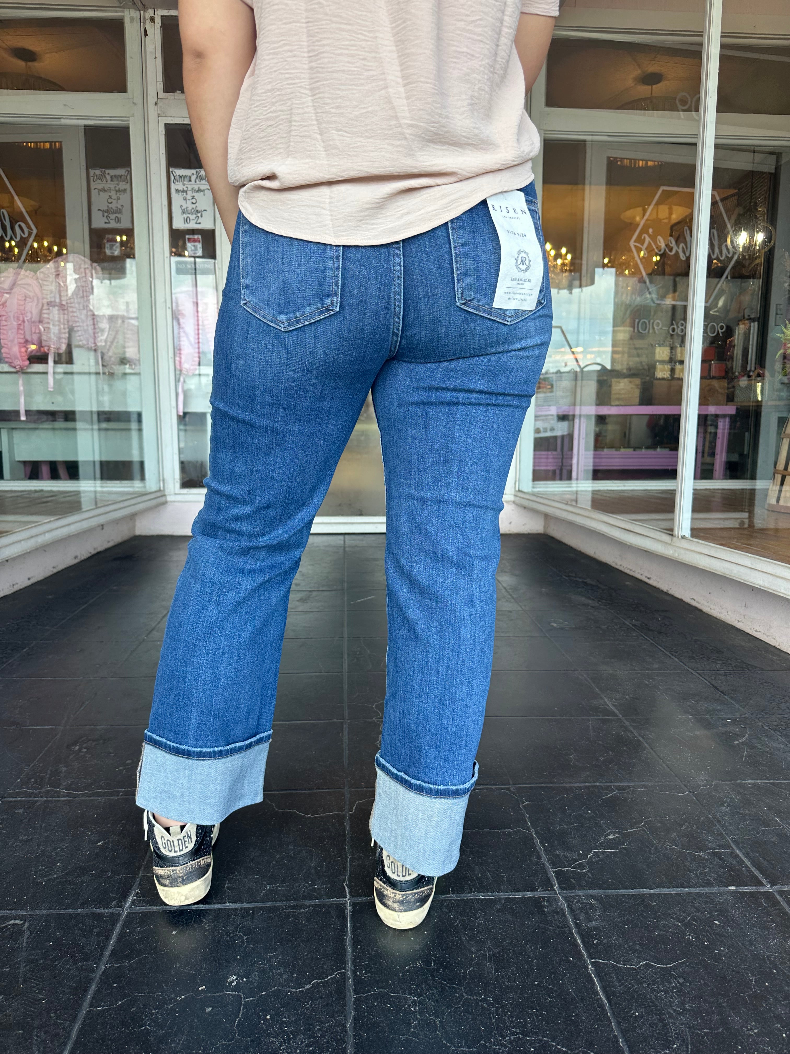 High Rise Ankle Straight Wide Cuffed Jeans