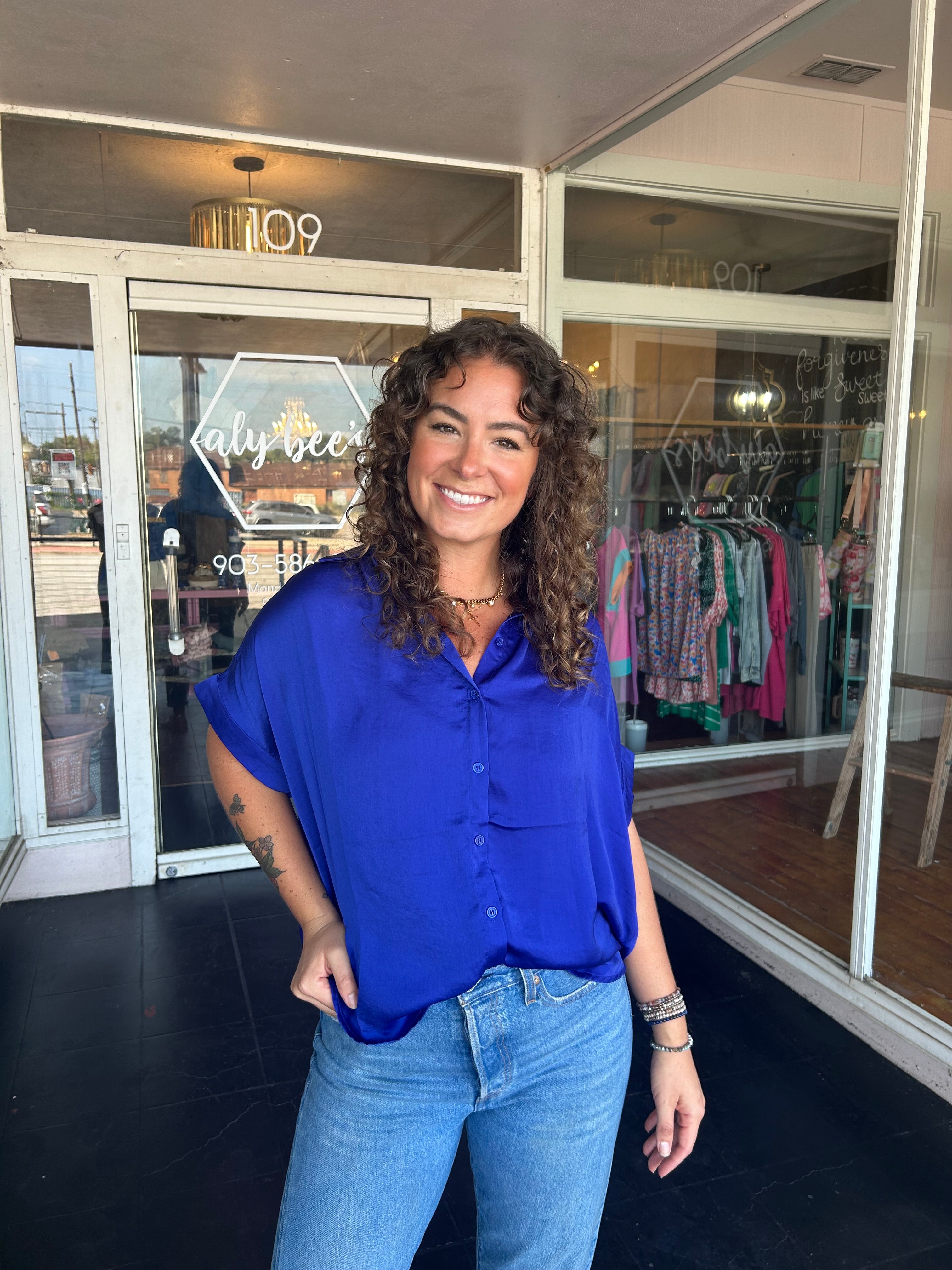 Royal Blue Collared Button Up Top