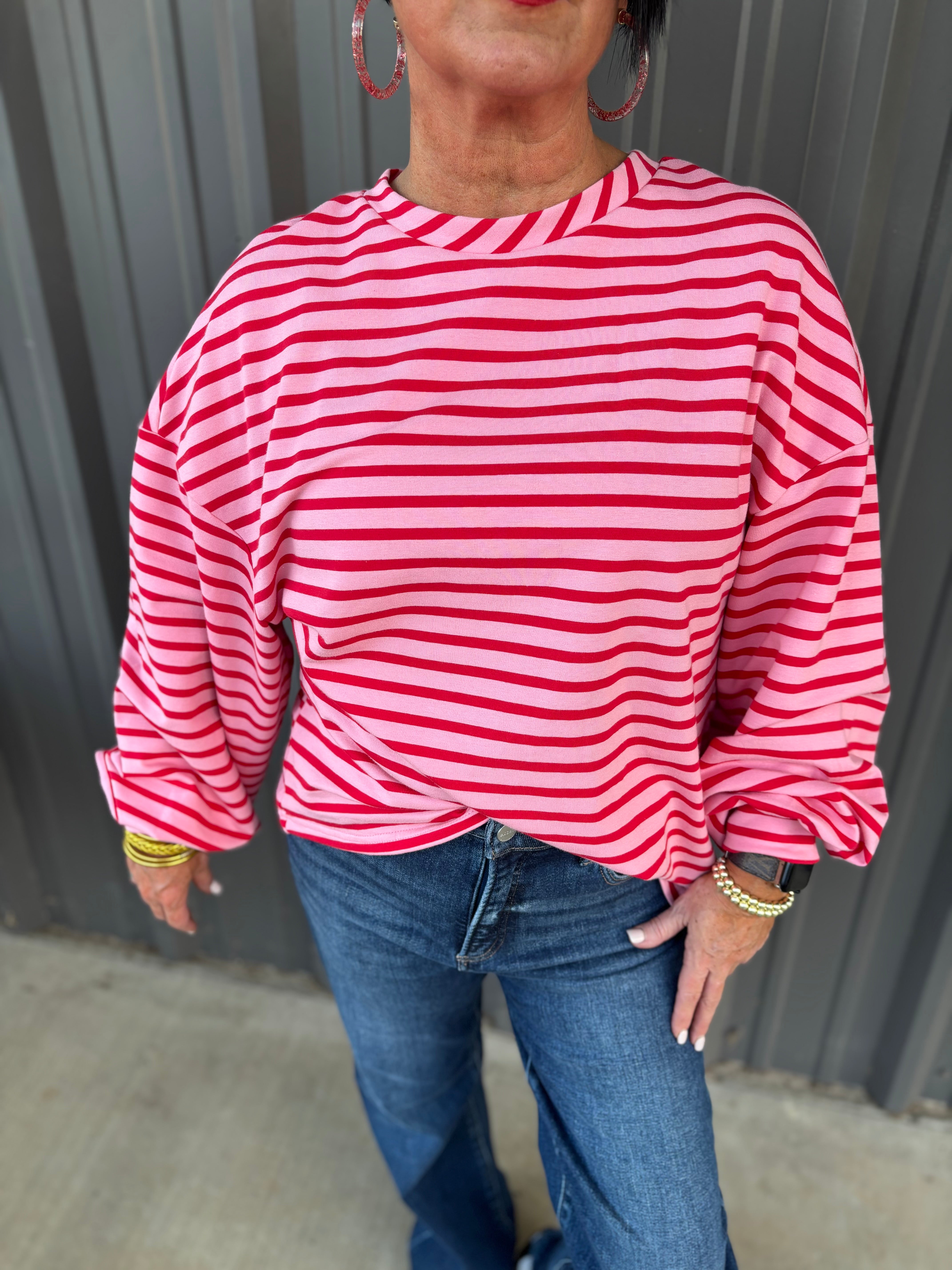 Striped Crew Neck Drop Shoulder Sweatshirt