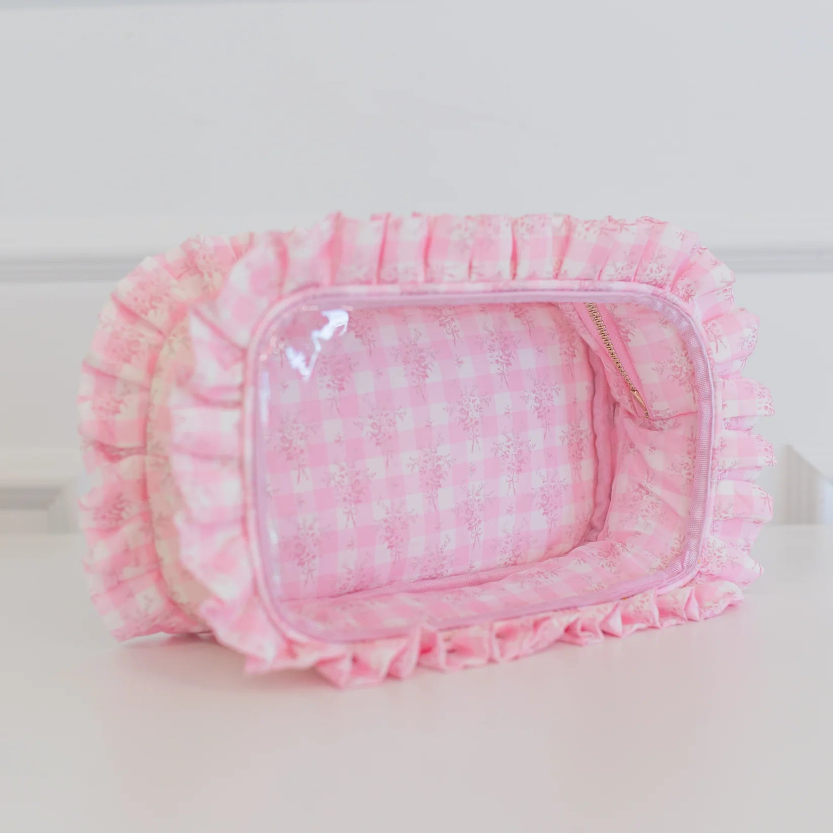 Ruffled Nylon Large Clear Pouch- Floral