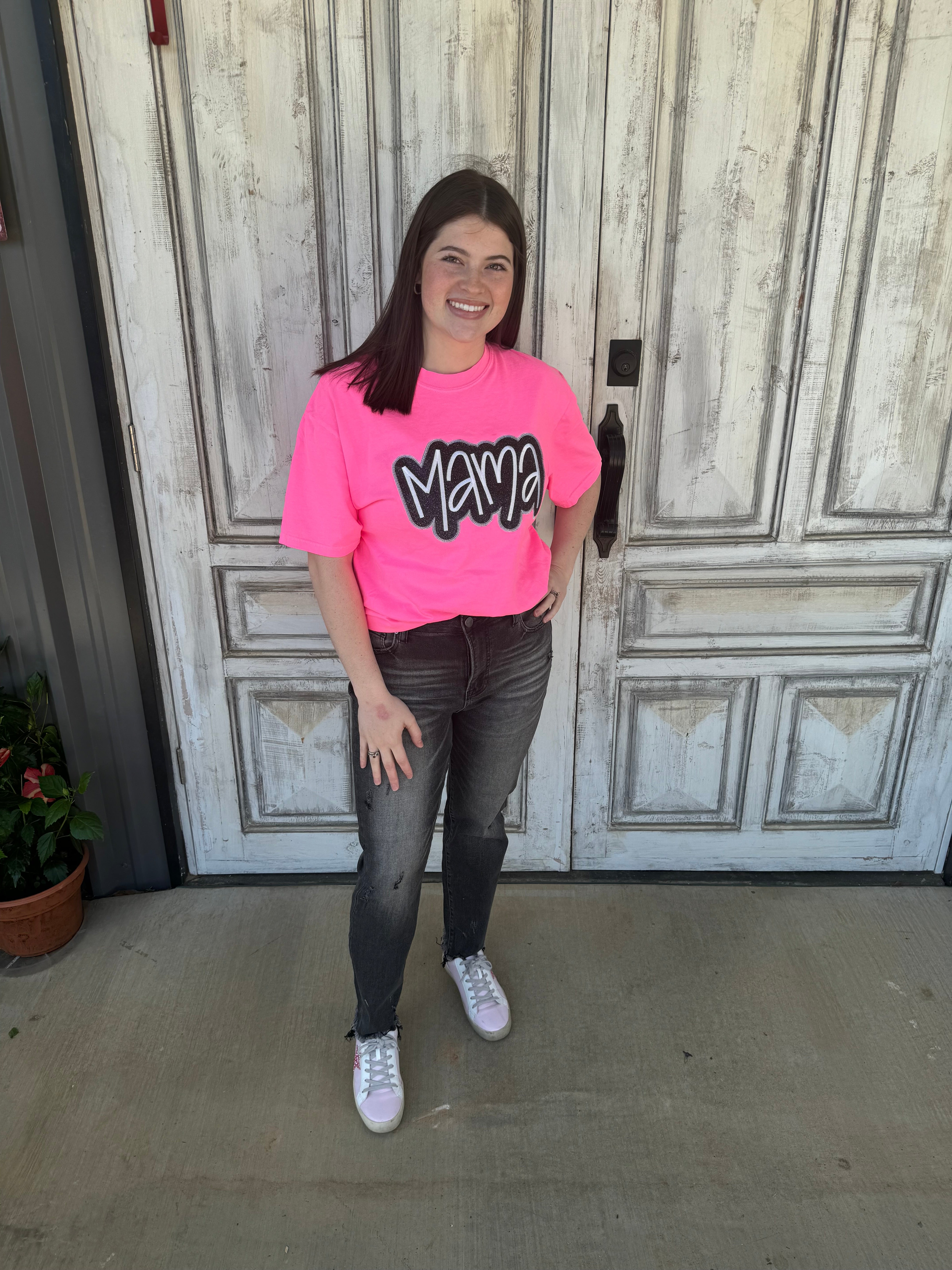 Neon Pink Mama Embroidered Tee