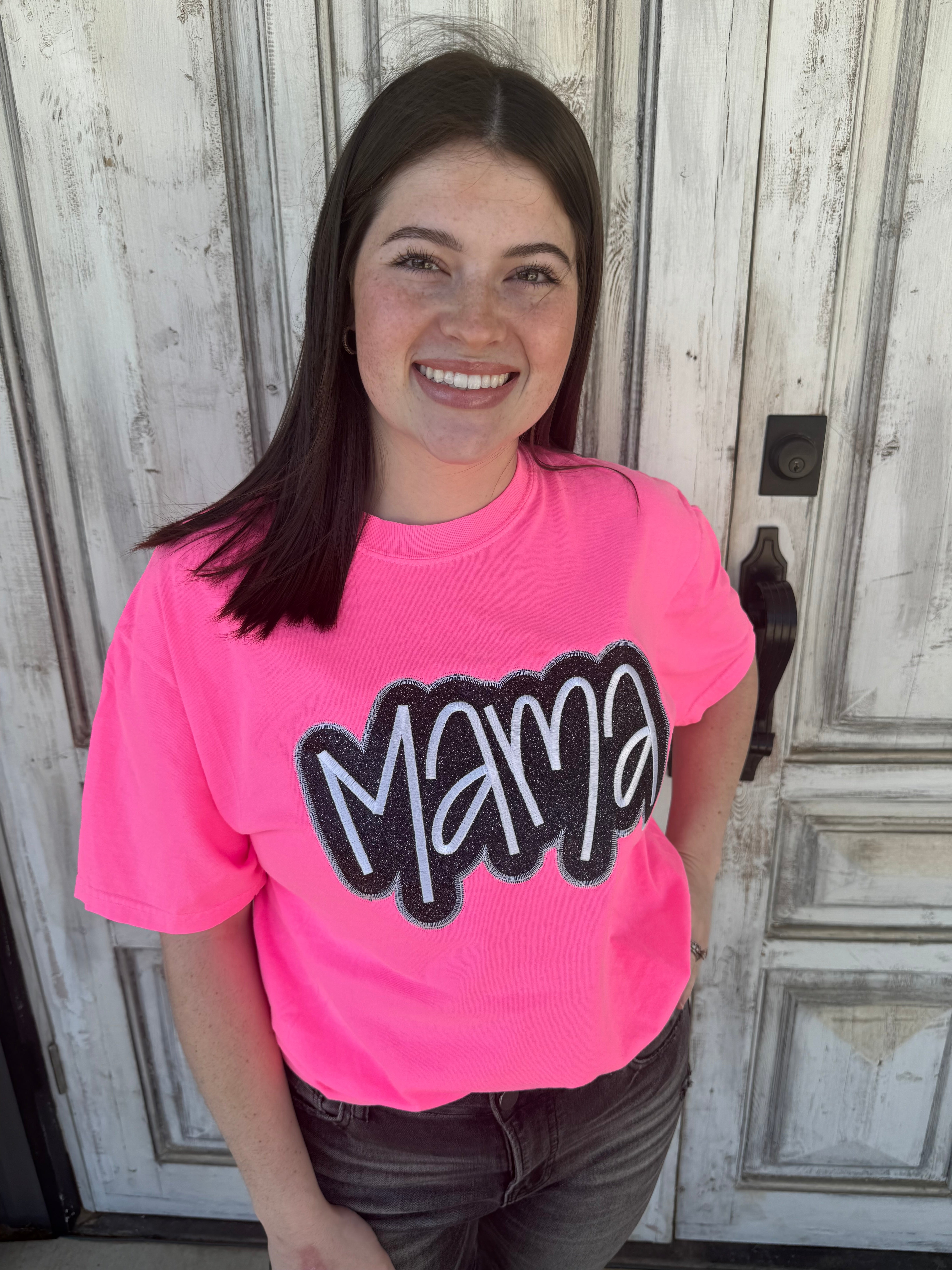 Neon Pink Mama Embroidered Tee