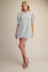 Ruffle V-Neck Puff Sleeve Polka Dot Mini Dress