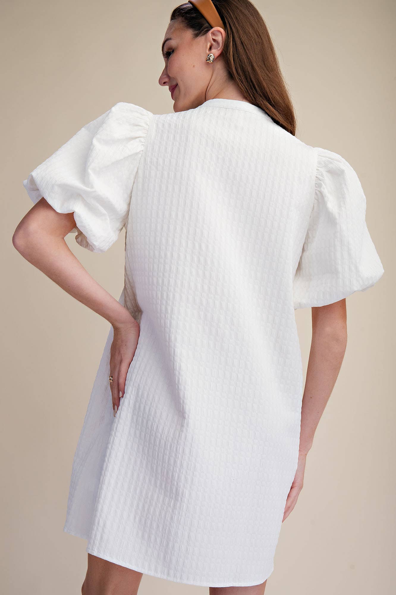 Mini Dress Puff Sleeve V-Neck Stitch Detailed