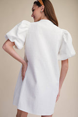 Mini Dress Puff Sleeve V-Neck Stitch Detailed
