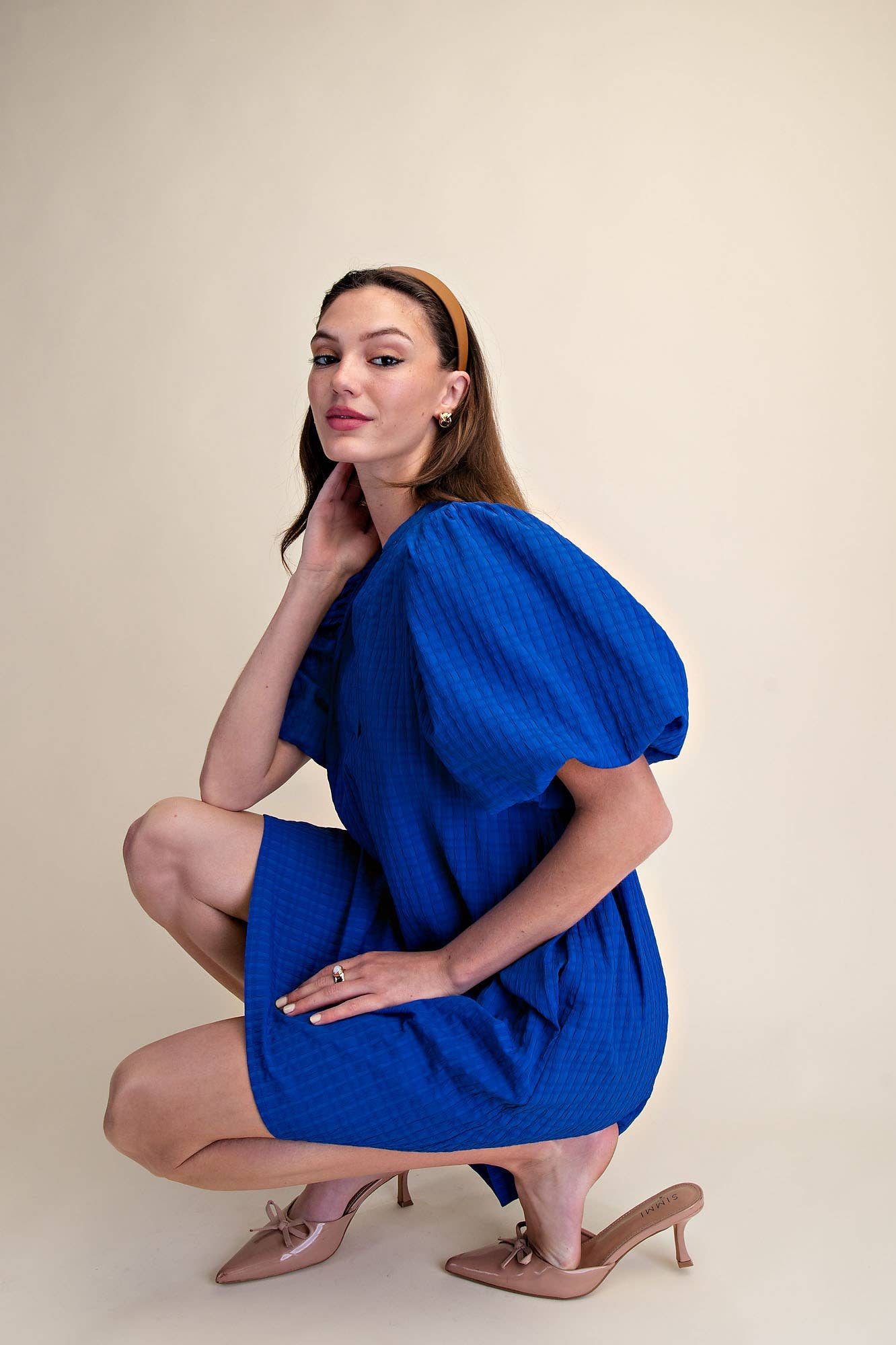 Mini Dress Puff Sleeve V-Neck Stitch Detailed
