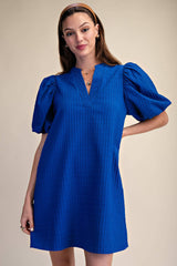 Mini Dress Puff Sleeve V-Neck Stitch Detailed