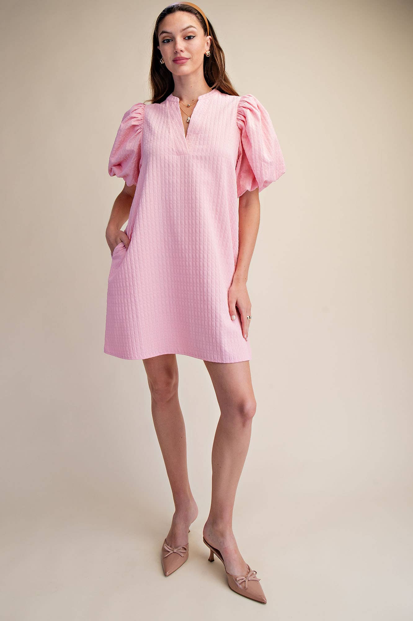 Mini Dress Puff Sleeve V-Neck Stitch Detailed