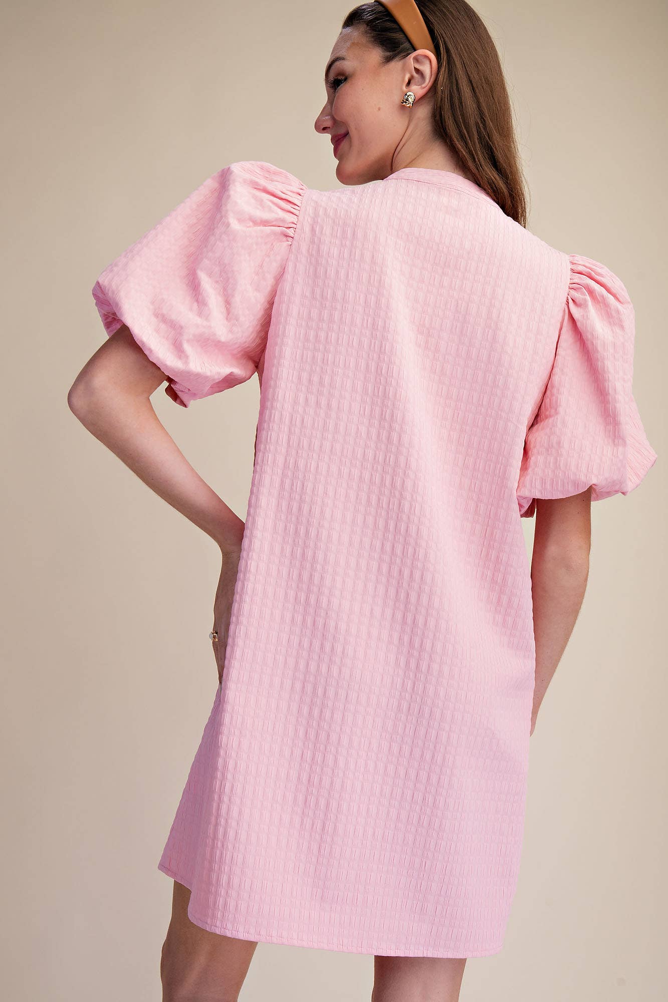 Mini Dress Puff Sleeve V-Neck Stitch Detailed