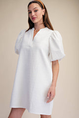 Mini Dress Puff Sleeve V-Neck Stitch Detailed