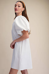 Mini Dress Puff Sleeve V-Neck Stitch Detailed