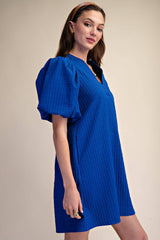Mini Dress Puff Sleeve V-Neck Stitch Detailed