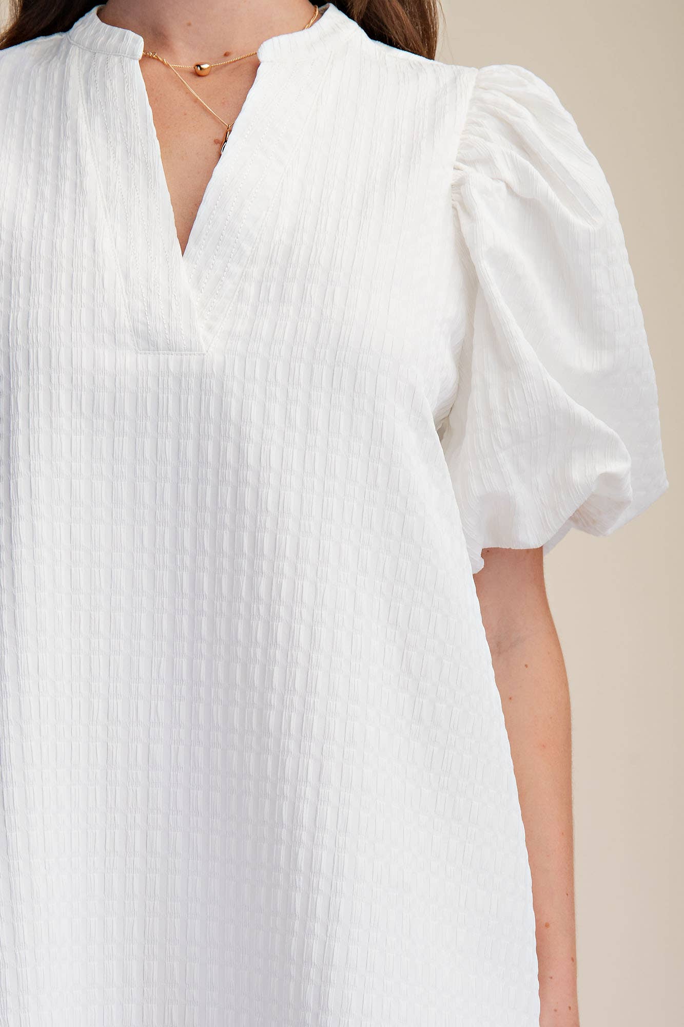 Mini Dress Puff Sleeve V-Neck Stitch Detailed
