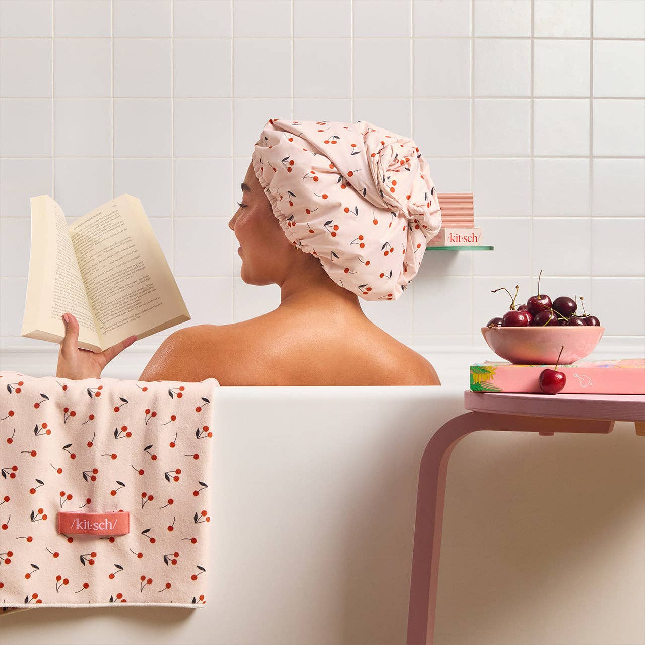 Satin-Lined Flexi Shower Cap - Cherry Print