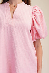 Mini Dress Puff Sleeve V-Neck Stitch Detailed