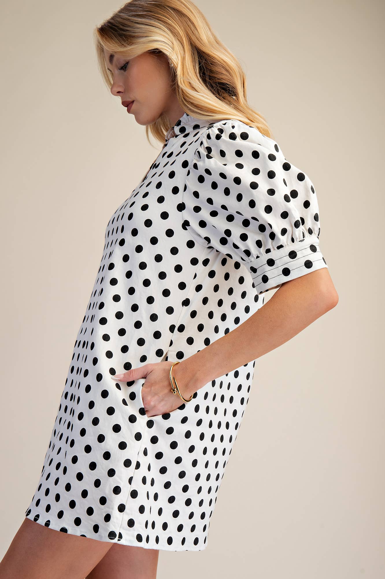 Ruffle V-Neck Puff Sleeve Polka Dot Mini Dress