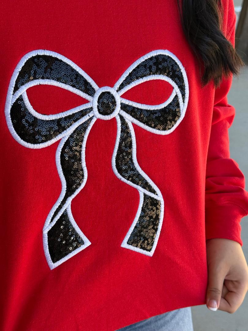 Bow Sweatshirt - Red with Black Sequin