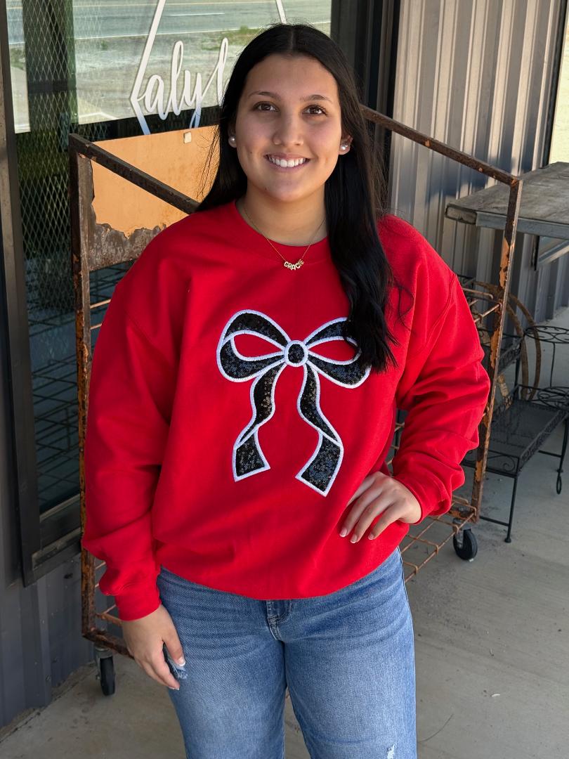 Bow Sweatshirt - Red with Black Sequin